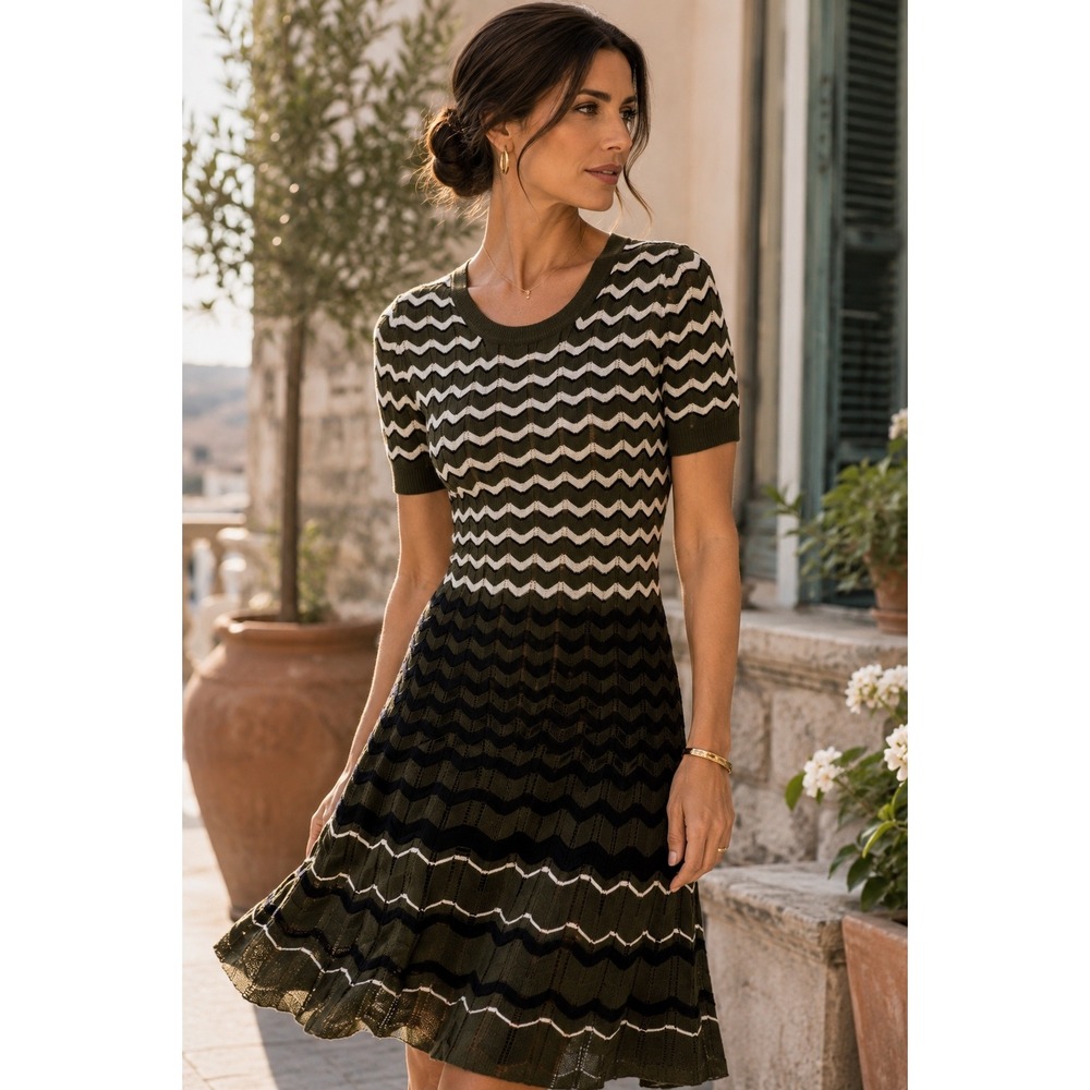 M Missoni Zig Zag Knit Dress Olive Sheer Stretch Fit Flare Italy‎ 8